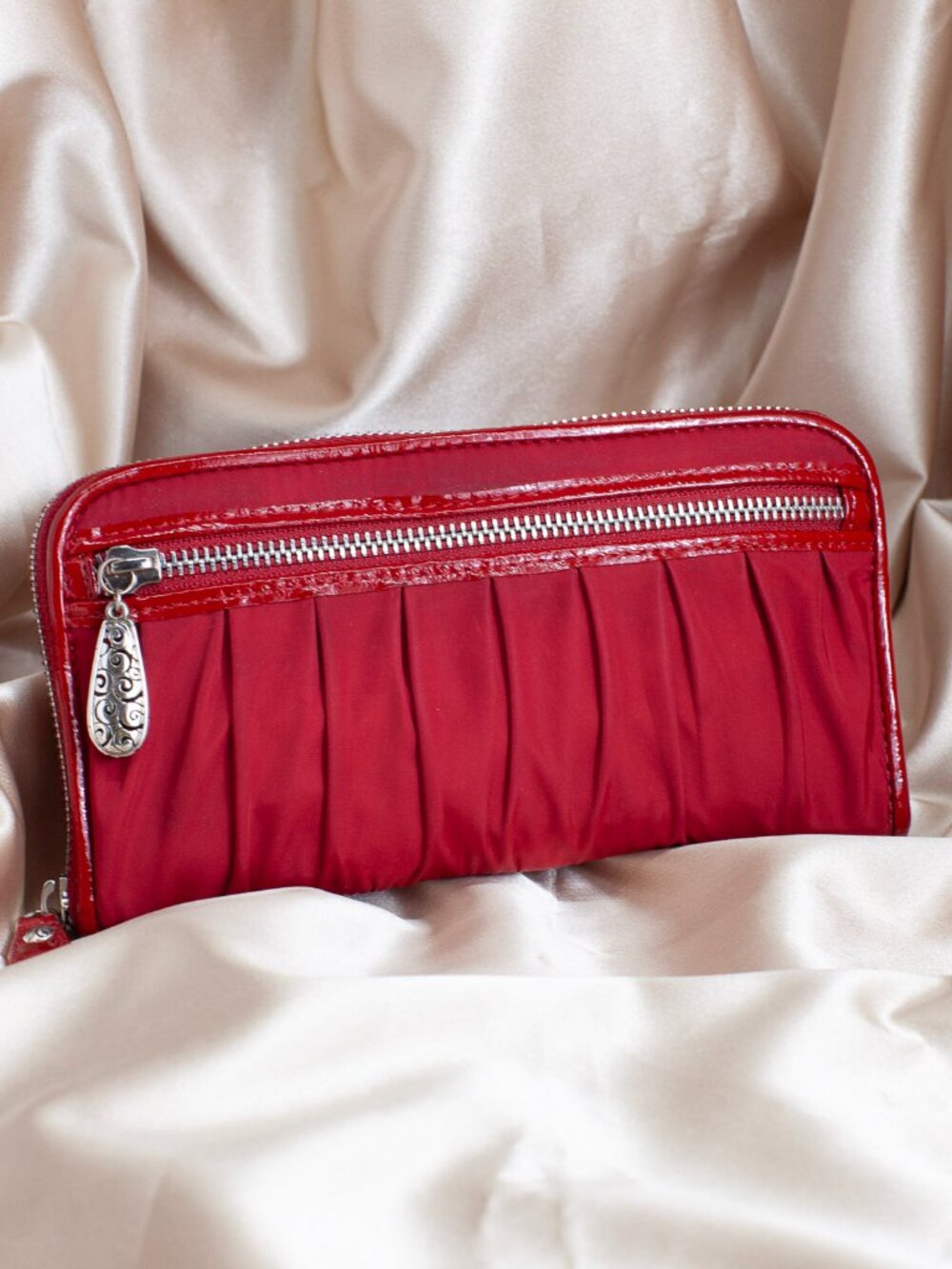 Brighton Red Zip Around Wallet Patent Leather Trim Silver Hardware Organizer